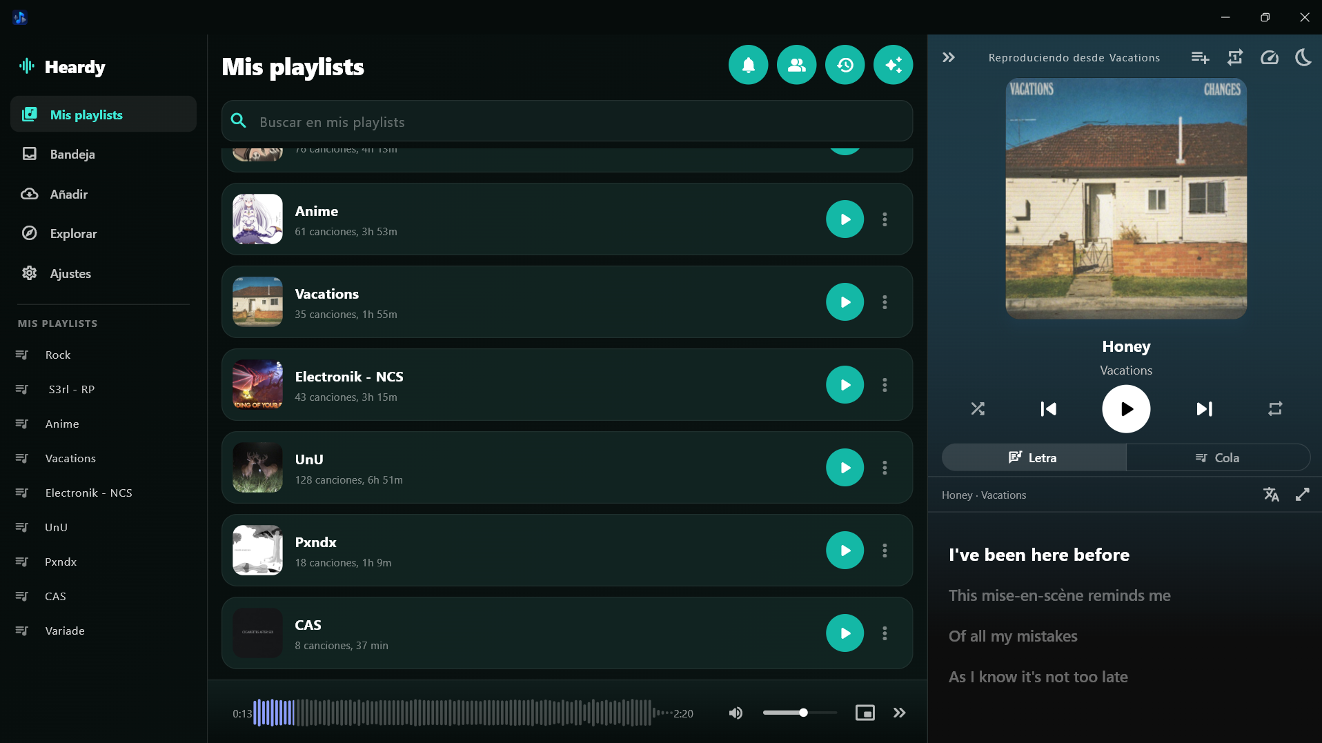 Desktop version: sidebar, playlist list and playback panel with the lyric