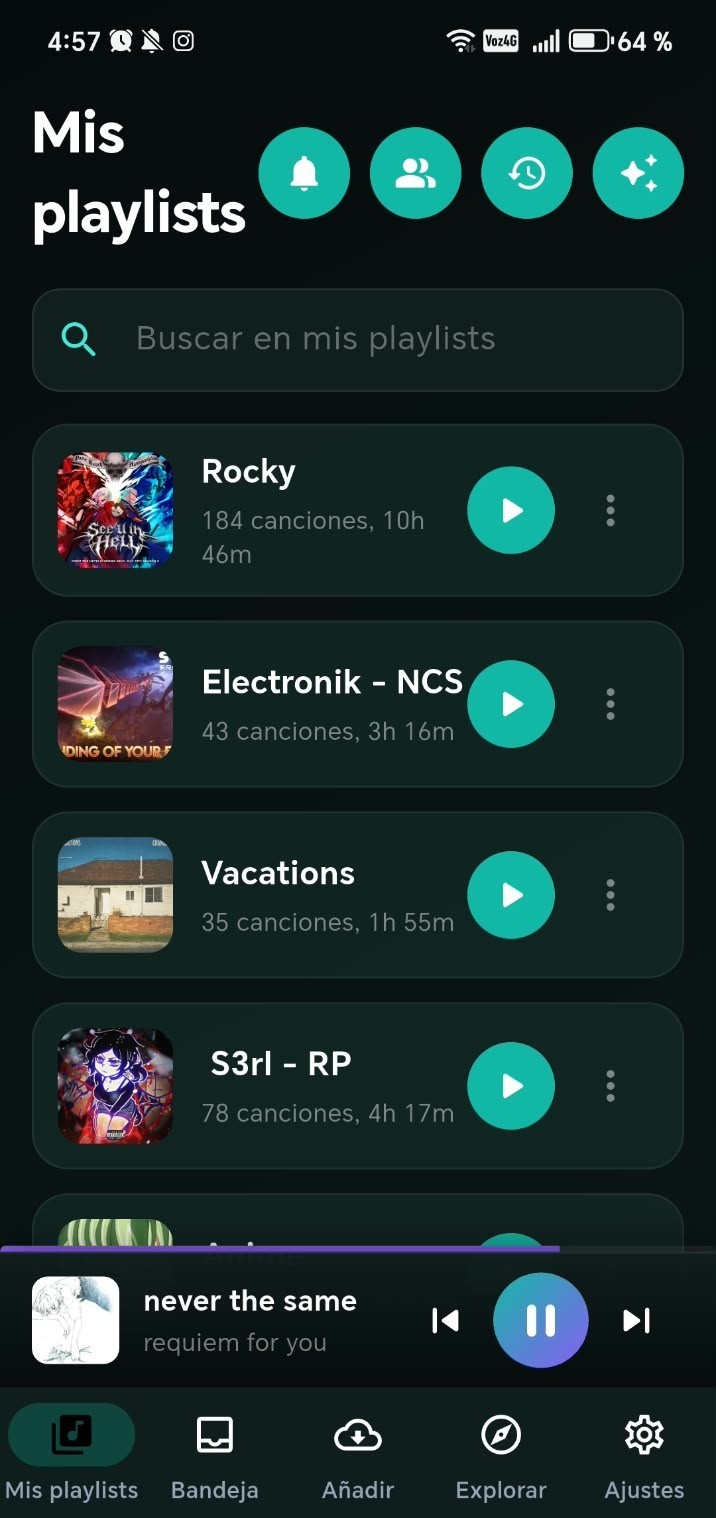 Playlist list with cover art, song count and duration, with the mini player below